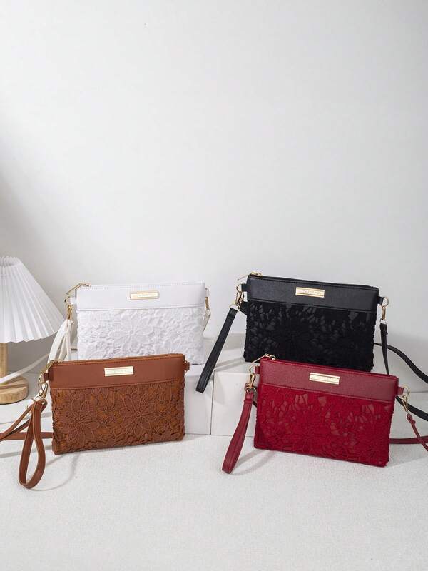 Women Hollow Floral Lace Crossbody Bag, Elegant Splicing Clutch Purse With Detachable Strap, Fashion Metal Plate Decor Casual Daily Shoulder Handbag