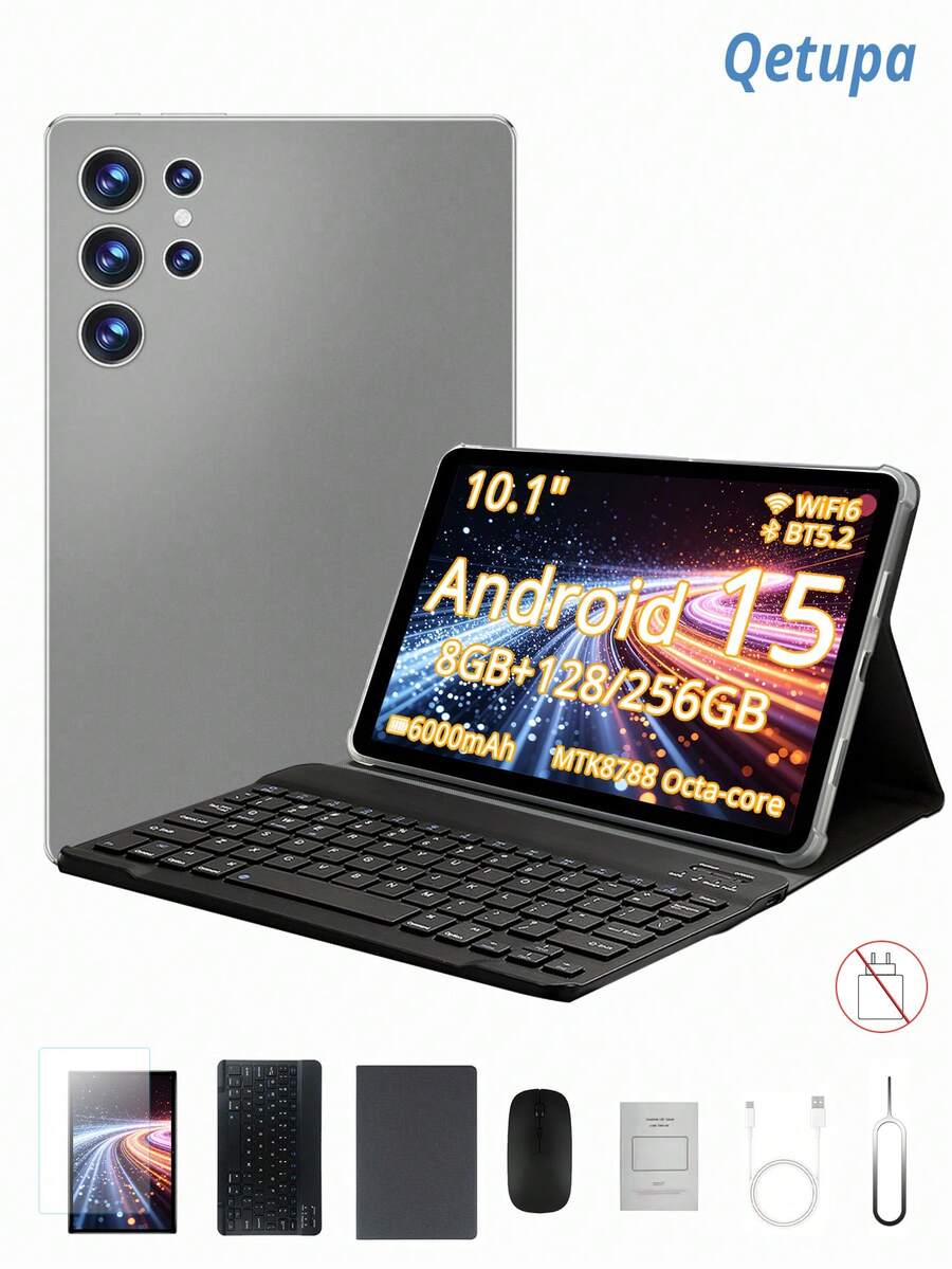 Qetupa 10.1 Inch Android 15 Tablet, Equipped With Protective Case, Screen Protector, Keyboard And Mouse, 8GB RAM + 128GB/256GB Storage (Supports 1TB Expansion), MTK8788 Octa-Core Processor, 5MP Front Camera And 13MP Rear Camera, 6000mAh Battery