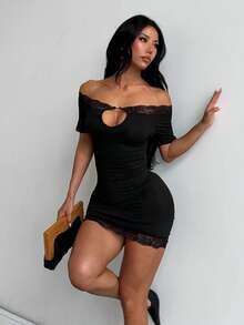 Summer Off-Shoulder Contrast Lace Short Dress, Suitable For Parties, Gatherings, Vacations, Beach - Black - View 7