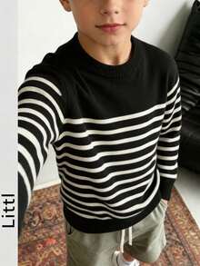 Tween Boys Color Block Striped Crew Neck Knit Sweater, Soft Long Sleeve Basic Pullover Jumper For Fall Winter School Daily Wear - Black - View 2