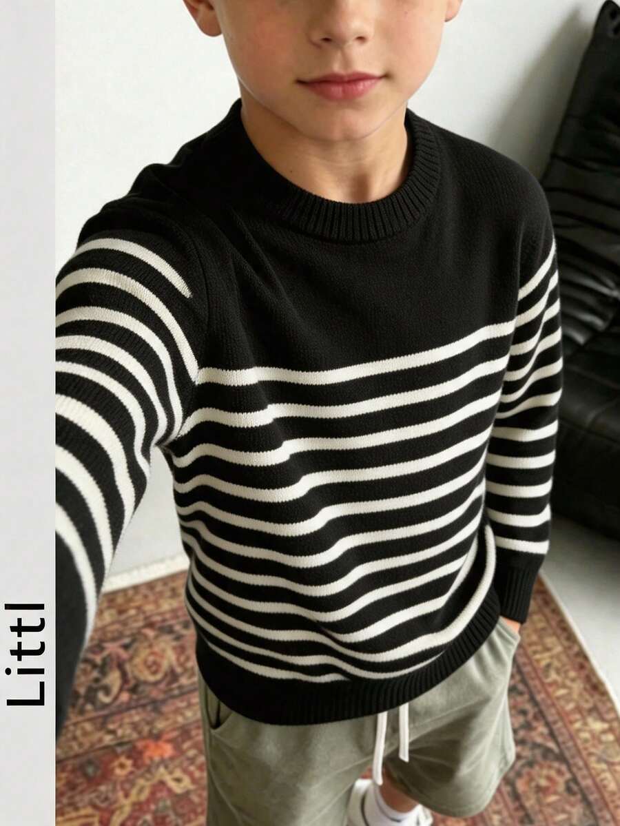 Tween Boys Color Block Striped Crew Neck Knit Sweater, Soft Long Sleeve Basic Pullover Jumper For Fall Winter School Daily Wear - Black - View 1