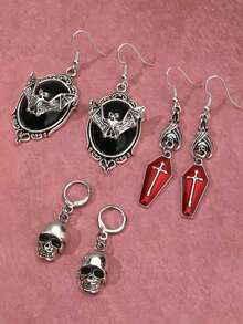 6pcs Vintage Gothic Dark Style Bat, Black Cat, Moon, Star, Skull Cat, Cross, Skull, Coffin Board Black Earrings Hoop Earrings Women Earrings Set (Card Not Included) - Multicolor - View 3