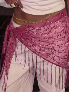 1pc Summer Beach New Jazz Dance Street Dance Waist Chain Hip Scarf Accessory, Sequin Triangle Scarf Tassel Waist Belt, Multi-Functional Waist Wrap - Hot Pink - View 2