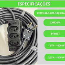 Extensão PP 2X1,5MM Reforçada Preta Cabo PP 1,5 mm Bivolt. GRANDE, MEDIA, PEQUENA, ROBUSTA - Entrada do Brasil (127V) - Visão 5