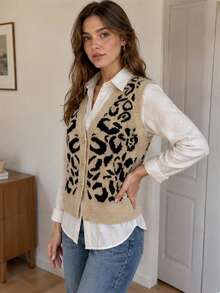 Wixra Women's V-Neck Leopard Print Knit Vest, Front Button Sleeveless Cardigan - Khaki - View 7