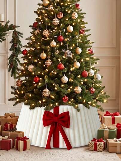 1 pieza Faldón de fieltro blanco para árbol de Navidad con lazo de cinta – Cubierta redonda para la base del árbol, alfombrilla de collar para árbol de Navidad para sala de estar, dormitorio, chimenea, fiesta de Navidad, decoración del hogar