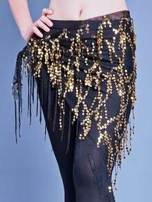 1pc Belly Dance Waist Chain, Practice Outfit Waist Scarf, Tassel Sequin Triangle Scarf, Versatile Waist Belt For Dance Beginners - Ten-line Towel - View 4