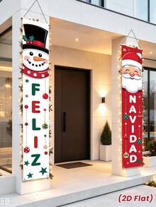 Feliz Navidad聖誕吊掛橫幅門廊裝飾牌與聖誕樹雪花圖案背景布,適用居家庭院室內外牆面門口派對裝飾 - 聖誕節C - 查看 4