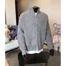 Herren Herbst Reißverschluss Pullover Strick Pullover American Stand Up Kragen Cardigan Jacke - Grau - Übersicht 2