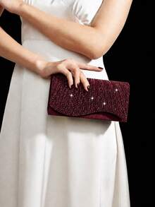 Shiny Rhinestone Evening Bag, Luxury New Women's Party Bag, Shoulder Bag, Paired With Shiny Rhinestone Pendant Necklace, Earrings, Bracelet, Suitable For Evening Party, Gathering, Party, Ball - Burgundy - View 6