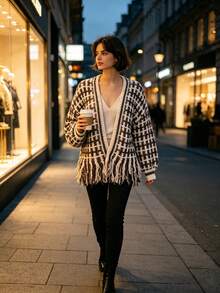 Fall Winter New Arrival Shopping Party Thick Knit Texture Retro Style Tassel Hem V‑Neck Knit Outerwear - Multicolor - View 8