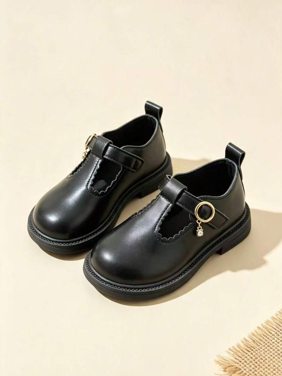 1 Pair Girls' Elegant School Shoes, Mary Jane Style, Black Synthetic ...