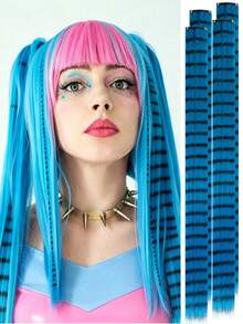 4pcs Leopard Print & Striped Hair Extensions, 20 Inch Colorful Long Straight Clip-In Hair, Suitable For Women's Daily Wear, Party, Halloween And Other Holidays - Multicolor - View 8