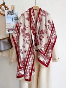 1pc Retro Scenic Wildlife Building Print 65*185cm Rectangle Scarf, Thick Faux Cashmere Brushed Polyester, Winter Shawl For Travel Party Daily Outing - Multicolor - View 10