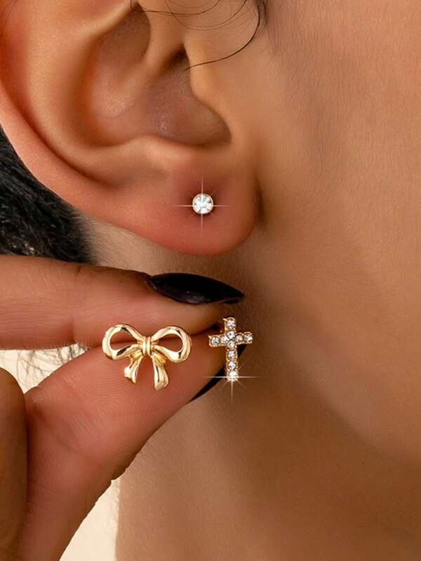 Juego de 3 pares de pendientes, pendientes de lazo, pendientes de cruz con strass, pendientes de cristal pequeños, joyería estilo Y2K, juego de pendientes para mujer, regalo para niñas