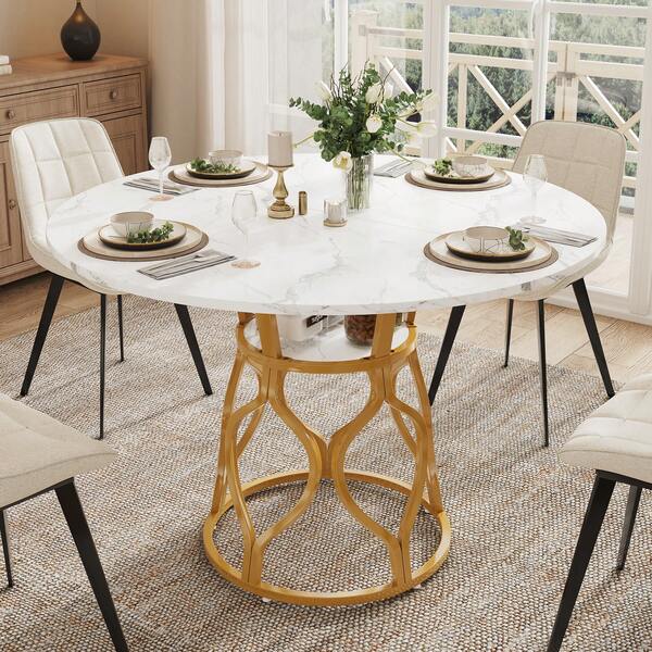 Round Dining Table 100x100x75 Cm, Kitchen Table For 4-6 People With Integrated Storage Space, MDF Table Top In Marble Look, Modern Metal Frame, Space-Saving Dining Room Table, 113.51 X 65.51 X 17.5 Cm