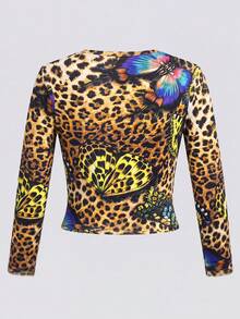 Women's Y2K Leopard Print Butterfly Patchwork Fitted Long Sleeve Top, Vintage Round Neck Slim Fit Layering Shirt - Yellow - View 3