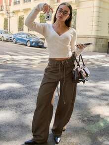 This Fashionable Women's Long Sleeve Cropped Wrap Knit Top Features A V-Neck Design And Is Adorned With Decorative Faux Buttons, Making It Perfect For A Variety Of Styles. - Khaki - View 7