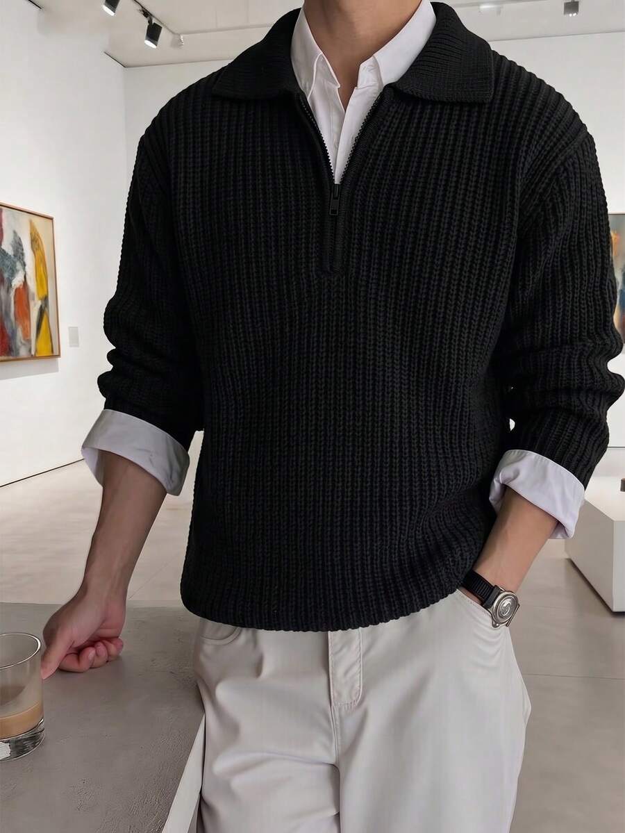 1pc Boys Teen Casual Minimalist Half-Open Front Sweater, Suitable For Commute And School, Autumn/Winter - Black - View 1