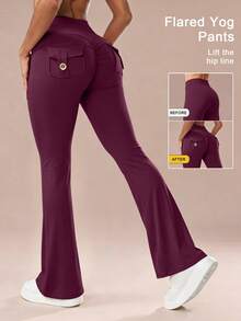 6pecil High Waist Purple Flare Yoga Pants With Pockets, Ruched Butt Lift Flare Pants, V-Shaped Tummy Control Flare Pants Sports - Purple - View 2