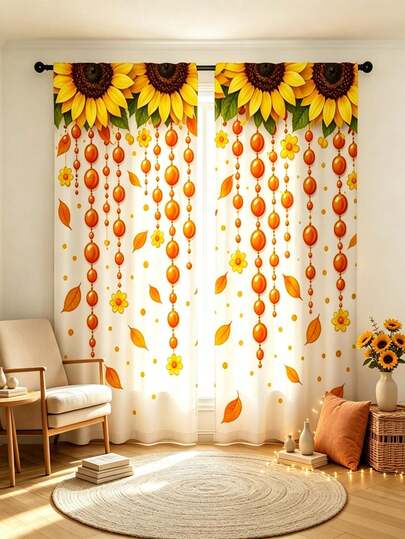 2pcs Fresh Sunflower Print Curtains, Draped Bead And Autumn Leaf Print, 2D Flat Print Craft, Light-Transmitting, Rod Pocket Easy Installation, Suitable For Bedroom, Living Room, Balcony Partition, Autumn Curtains, Only Curtains Included, No Accessories
