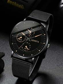 1pc Men's Watch, Black Mesh Strap Casual Round Dial Quartz Watch, Suitable For Daily Wear, Best Gift For Men - Black - View 3