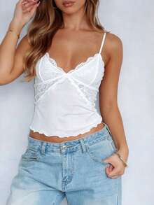 Women Y2K Sheer Lace Mesh Camisole Slim Fit V Neck Open Back Cami Tops Summer Spaghetti Strap Tank Tops Cute Lace Trim Crop Tops Party Club Outfit - 白色 - 查看 2