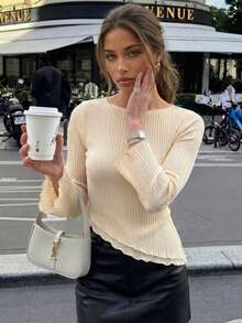Top base de punto acanalado suave para mujer, nuevo para primavera/otoño, de color liso, manga larga acampanada, ajuste ceñido, con bajo asimétrico de volantes ondulados, estilo suéter, adecuado para uso diario, casual y de oficina - Albaricoque - Ver 2