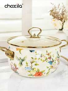 choxila 1 pieza Olla de sopa de esmalte floral vintage, olla de estofado de esmalte con patrón de pájaros y flores para mariscos con tapa de vidrio, en stock - Ver 7
