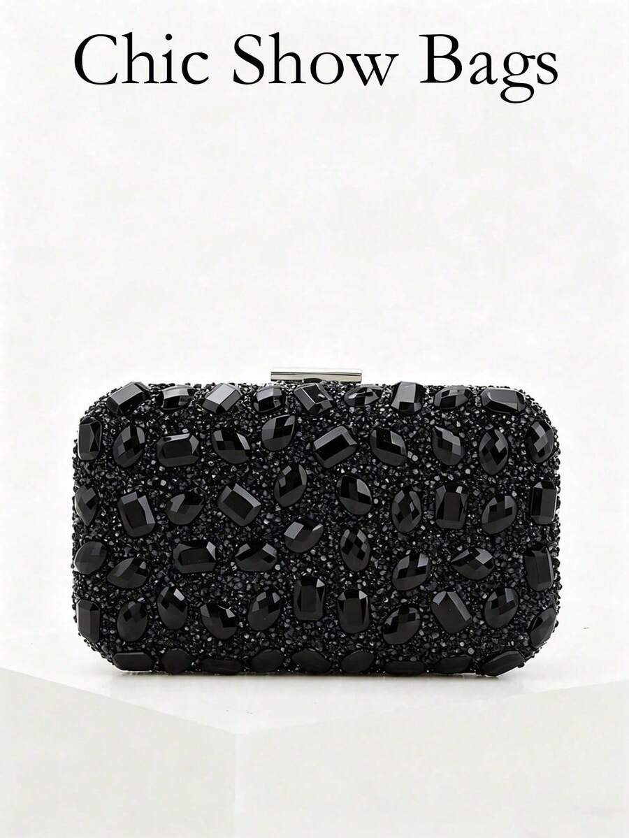 Women's Luxury Sparkling Crystal Decorated Square Box Clutch, Detachable Metal Chain Shoulder Strap, Wedding Accessory - Black - View 1