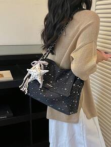 新款 Y2K 甜酷女孩風星星印花鏈條包，黑色百搭翻蓋單肩斜跨包，附可愛星星吊飾 - 黑色 - 查看 4