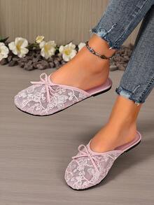 Bowknot Lace Breathable Silk Head Slippers Anti-Slip Soft Sole Indoor/Outdoor Dual-Use - Pink - View 6