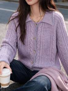 New Autumn/Winter Women's Casual Minimalist Lapel Design Sweater Cardigan - Mauve Purple - View 4