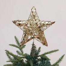 1Pc Iridescent Gold Silver Star Tree Topper, Spring Coil Base Hollow Pentagram, Shiny Film Inlay, Xmas Top Ornament, Winter Holiday Home Decor, Fireplace Mantel Table, Lightweight Durable Non-Fading, Indoor Outdoor, Perfect For Christmas Parties - Style A - View 1