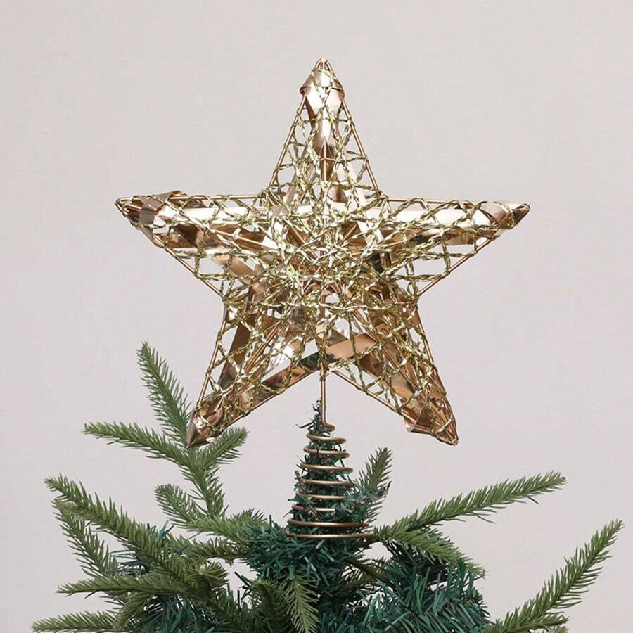 1Pc Iridescent Gold Silver Star Tree Topper, Spring Coil Base Hollow Pentagram, Shiny Film Inlay, Xmas Top Ornament, Winter Holiday Home Decor, Fireplace Mantel Table, Lightweight Durable Non-Fading, Indoor Outdoor, Perfect For Christmas Parties - Style A - View 1