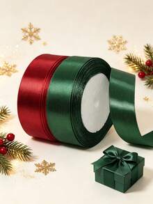 2 Rolls Christmas Satin Ribbon, Red And Dark Green Polyester Fabric Ribbon, Suitable For Gift Wrapping, Christmas Tree Decoration, Bow Making, Holiday Party Decor, Handmade DIY - Red and Green Ribbon - View 1