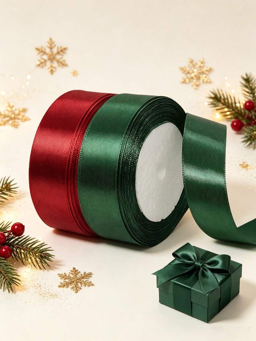 2 Rolls Christmas Satin Ribbon, Red And Dark Green Polyester Fabric Ribbon, Suitable For Gift Wrapping, Christmas Tree Decoration, Bow Making, Holiday Party Decor, Handmade DIY - Red and Green Ribbon - View 1