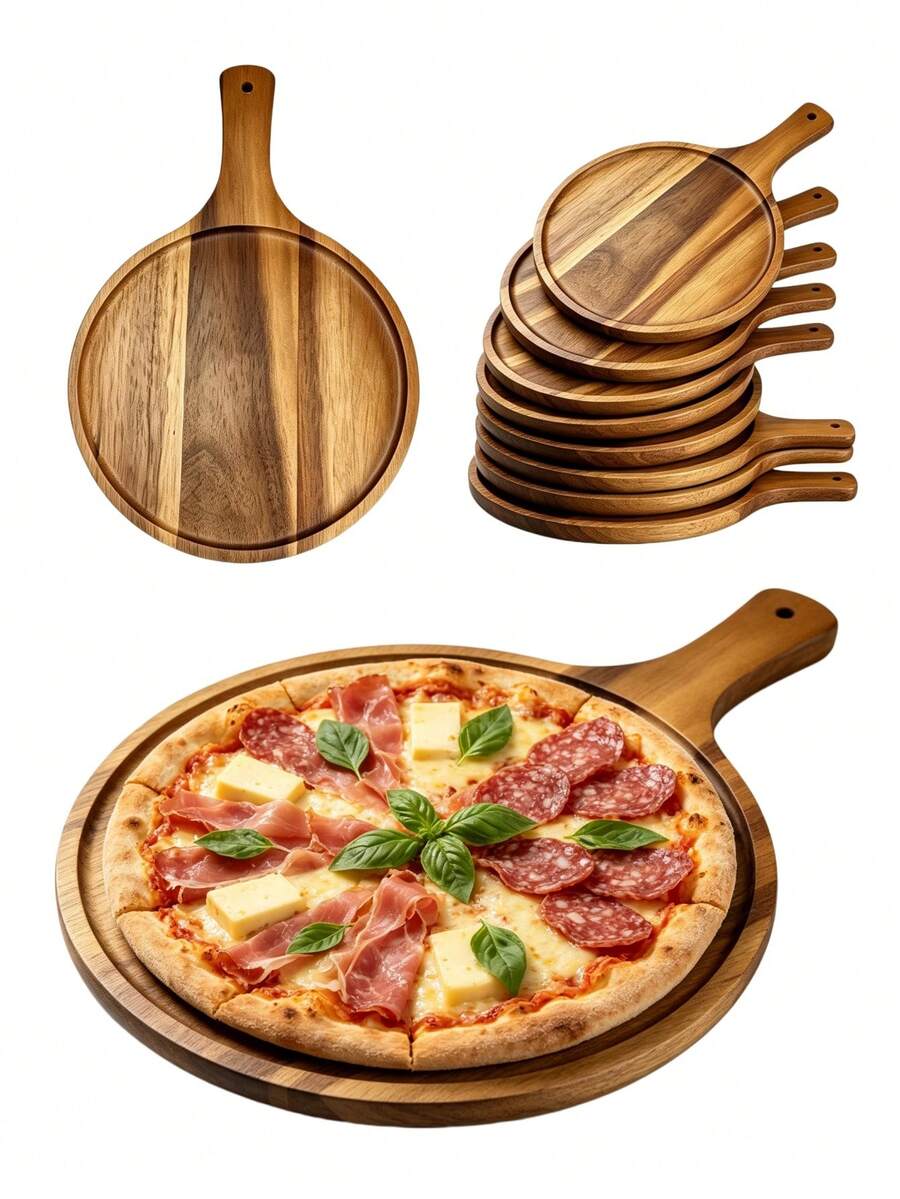 1pc Wood Pizza, Wooden Tray With Handle, Platter, Pizza Charcuterie Serving Platter, Home Essentials Practical Home Accessories, Multi‑Purpose Kitchen Decor Tray For Picnic Party, Essential Chopping Boards For Halloween And Christmas - View 1