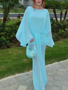 Women's Elegant Sheer Knitted Long Sleeve Dress, Fitted Party Gown With Halter Neckline For Formal Occasions - Blue - View 1