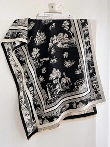 1pc Retro Scenic Wildlife Building Print 65*185cm Rectangle Scarf, Thick Faux Cashmere Brushed Polyester, Winter Shawl For Travel Party Daily Outing - Multicolor - View 12