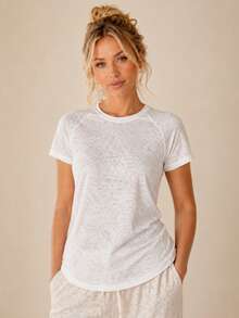 Sodalemon Women's Knit Jacquard Semi-Sheer Spring Summer Fall Contrast Mesh Round Neck Raglan Sleeve Short Sleeve Neck Slim Fit Tops For Casual Daily Wear - White - View 8