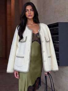 Elegant Women's Ivory Knit Cardigan With Long Sleeves, Round Neck, Contrast Piping, Patch Pockets, And Button Front For Fall And Winter Outfits - White - View 2