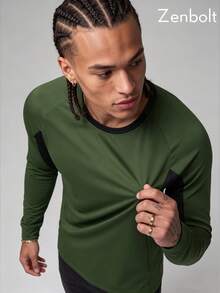 Zenbolt Men's Colorblock Raglan Sleeve Slim Fit Sports T-Shirt, Long Sleeve Crew Neck Workout Athletic Top,For Training Outdoor Sports Wear - Army Green - View 2