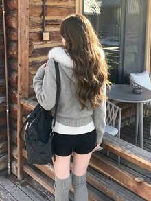 Autumn/Winter Slimming Waist Design Slouchy Hooded Fur Collar Knit Sweater For Women - Grey - View 8
