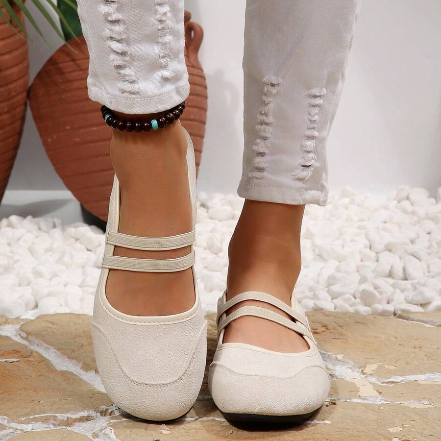 Women's Round Toe Flat Double Strap Mary Jane Shoes, Gentle Mori Style Low Vamp Daily Versatile Ballet Shoes - Beige - View 1