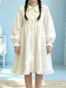 1PC Japanese Lolita Fairy Dress Soft Girl Peter Pan Collar Tie Puff Long Sleeve Ruffle Hem Dress COSPLAY Role Play Costume Accessory White Fall - White - View 5