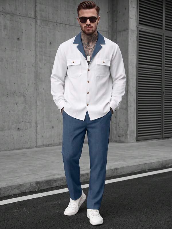 2pcs Men's Autumn/Winter Contrast Trim Single-Breasted Collar Double Pocket Long Sleeve Shirt And Drawstring Solid Color Pants Casual Regular Suit
