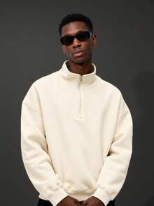 Camvyn Men's Casual Loose Fit Half-Zip Stand Collar Pullover Sweatshirt, Street Style, Autumn/Winter - Apricot - View 1