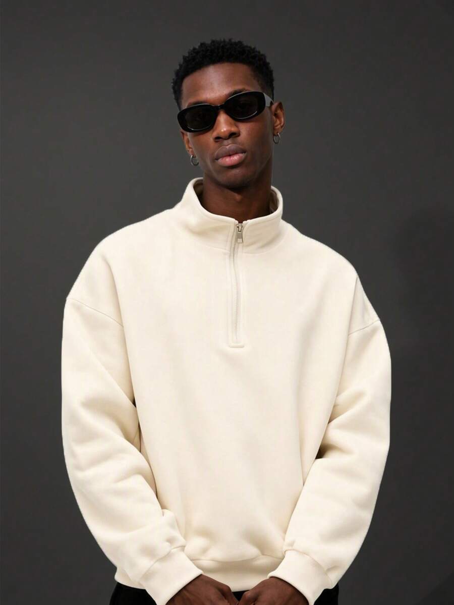 Camvyn Men's Casual Loose Fit Half-Zip Stand Collar Pullover Sweatshirt, Street Style, Autumn/Winter - Apricot - View 1