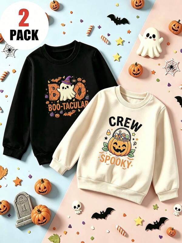 2Pcs Toddler Boys Halloween Sweatshirt Set, Cute Ghost Pumpkin Print Long Sleeve Pullover Tops (2Y-7Y)